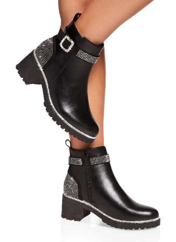 women’s casual shoes for everyday wear -Rhinestone Trim Buckle Booties