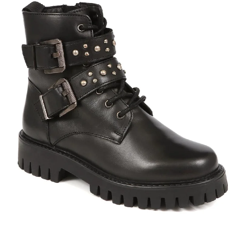 best women’s shoes for walking all day -Leather Studded Biker Boots - MIRABELLE / 324 323