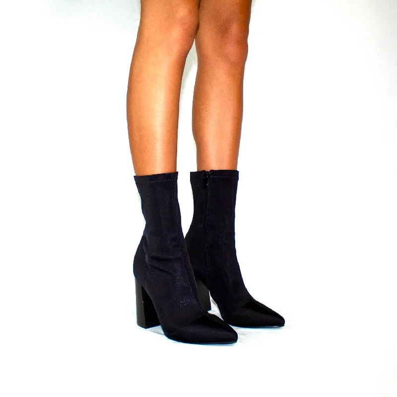 stylish women’s boots for everyday wear -Ursula- Black Lycra Pointed Toe Block Heel Ankle Boots