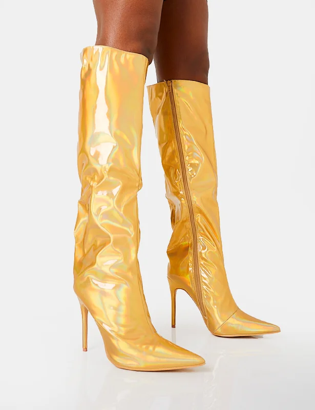 women’s chic boots for winter fashion -Tai Wide Fit Gold Metallic Pointed Toe Stiletto Knee High Boots