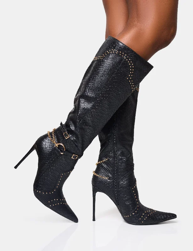 women’s winter shoes with warm lining -Main Character Embellished Vintage Black Pointed Toe Stiletto Boots