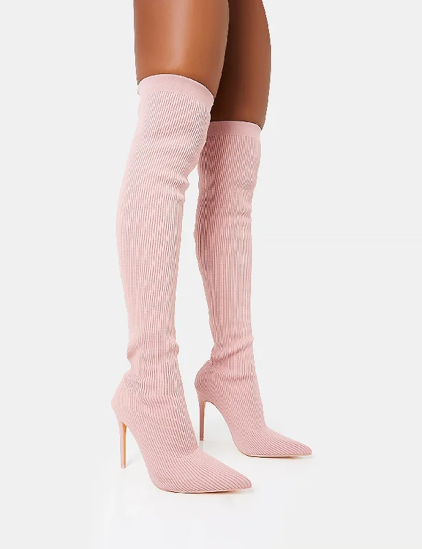 luxury women’s shoes for weddings -Chateau Wide Fit Dusty Pink Stilleto Over the Knee Pointed Toe Boots