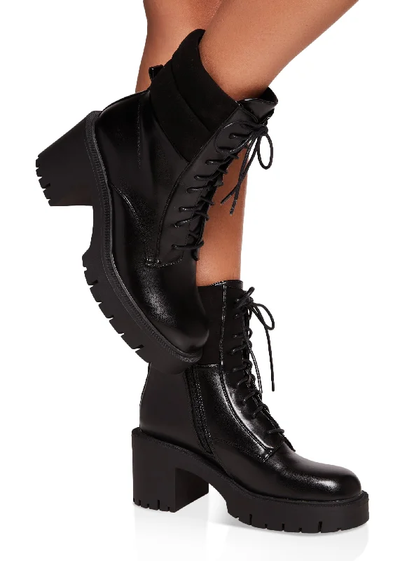 fashionable women’s shoes for running errands -Lace Up Lug Sole Chunky Heel Combat Boots