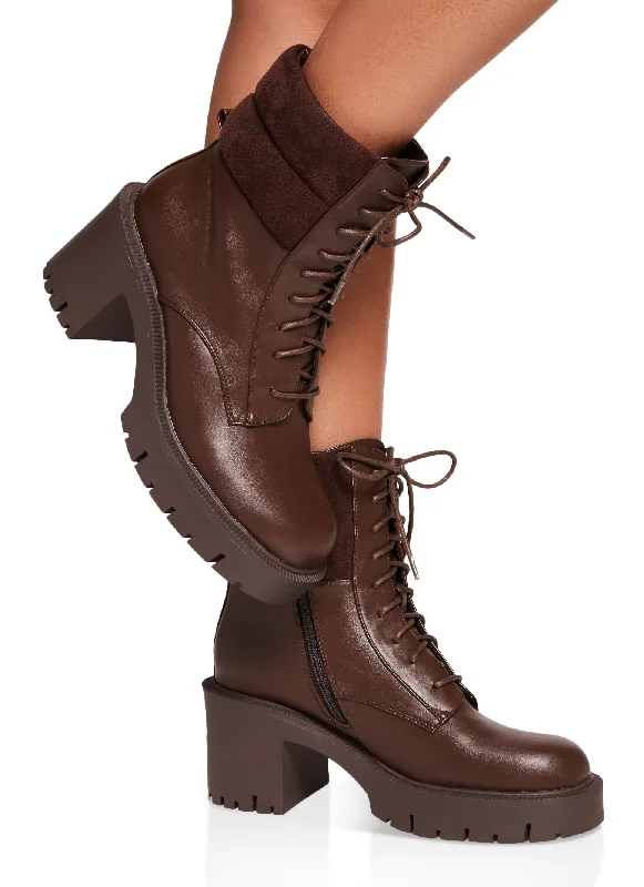 women’s ankle boots for fall fashion -Lace Up Lug Sole Chunky Heel Combat Boots