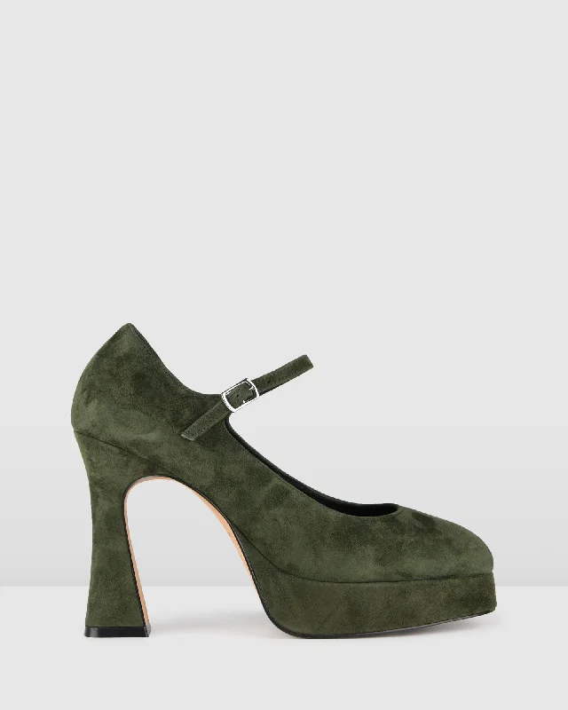 women’s leather boots for winter warmth -RAVINA PLATFORM HIGH HEELS FOREST GREEN SUEDE