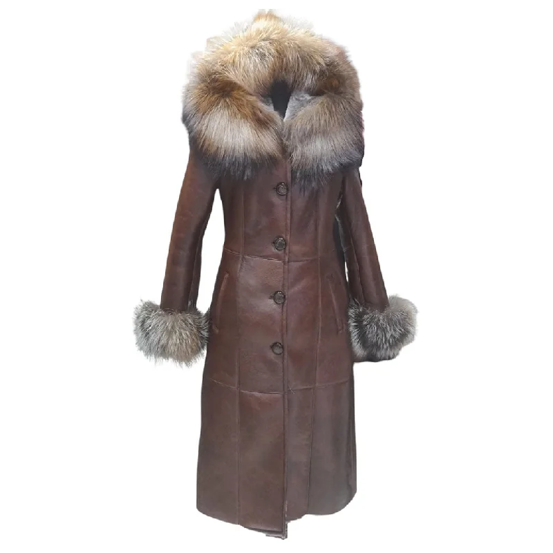 women’s stylish leggings for workouts -Riley brown hooded shearling coat with fox fur