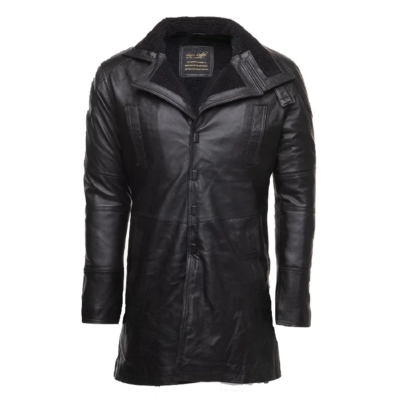 best women’s coats for rainy weather -James' Tempest Black Leather Trench Coat