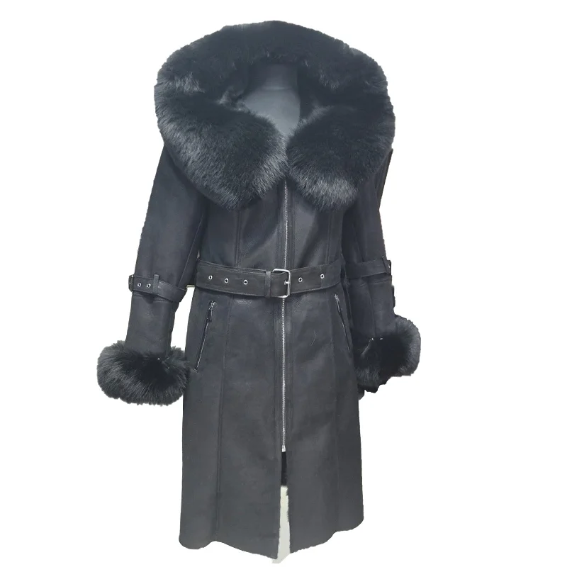 women’s fashion dresses for all occasions -Allis Black Belted Shearling coat with large fox fur hoodie