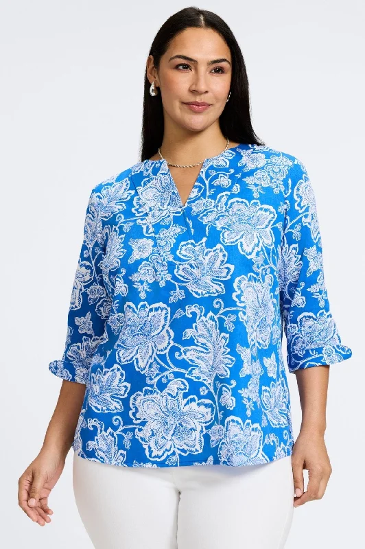 women’s fashionable outfits for summer 2025 -Vena Plus No Iron Woodblock Floral Long Sleeve Popover