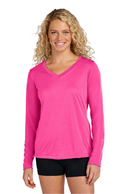 classic women’s jeans for casual outfits -Sport-Tek Womens Competitor Moisture Wicking Long Sleeve V-Neck T-Shirt - Neon Pink