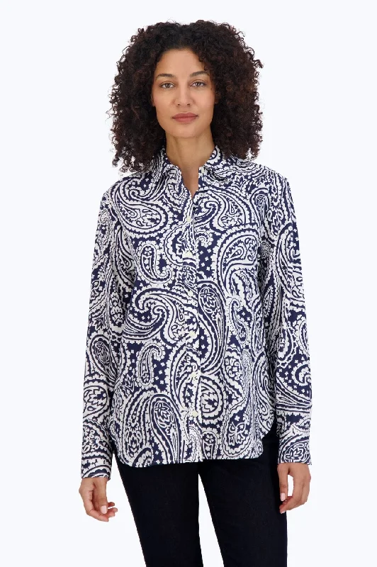 women’s business attire for professional meetings -Meghan No Iron Navy Paisley Shirt