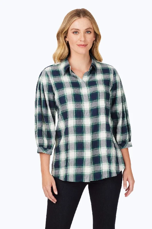 women’s workout wear for comfortable fitness -Brushed Pleated Sleeve Plaid Shirt