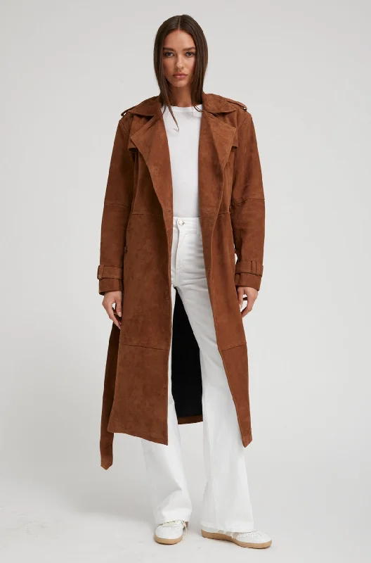 trendy women’s sweaters for winter fashion -Belle de Jour Cognac Suede Trench