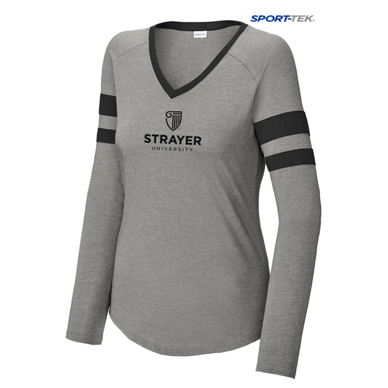 women’s trendy shorts for hot weather -NEW STRAYER Sport-Tek® Ladies Halftime Stripe Long Sleeve V-Neck Tee - Black/ Vintage Heather