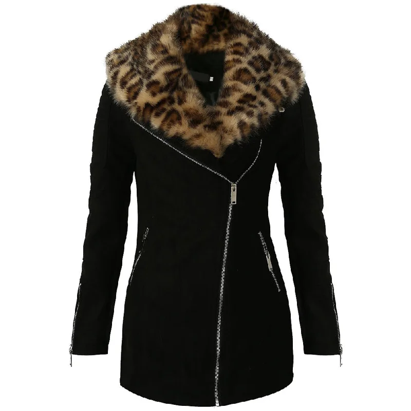 cozy women’s knit sweaters for cold weather -Kia Foleys Suede Leather Jacket With Leopard Print Fur Collar