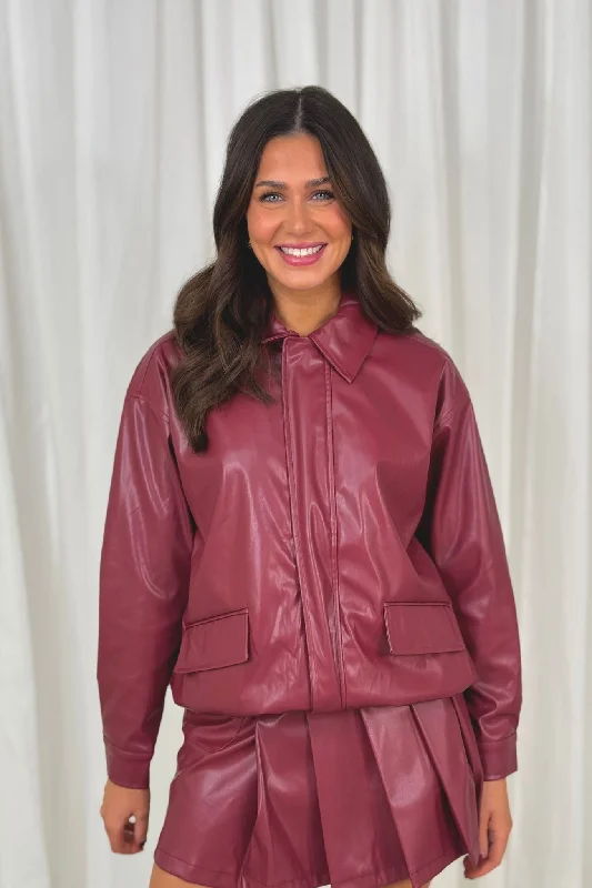 women’s stylish leggings for workouts -Erica Faux Leather Jacket In Burgundy