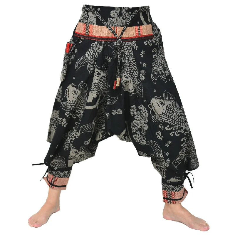 women’s fashionable outfits for summer 2025 -Samurai Style Harem Pants Ninja Pants Men Women Black Grey Fish Pattern