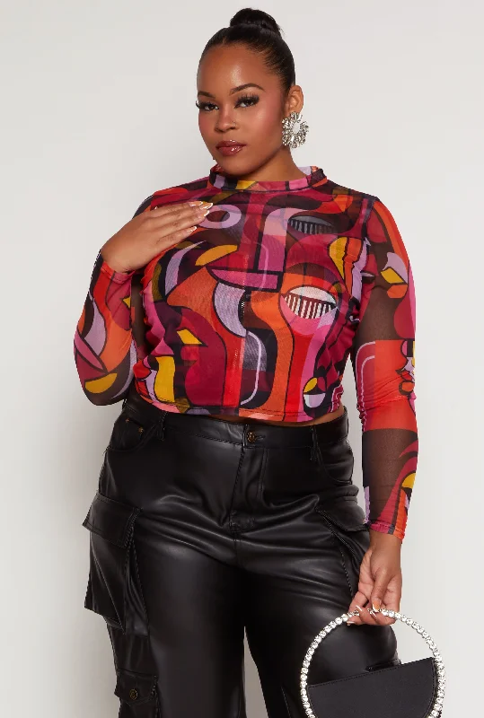 best women’s casual dresses for everyday wear -Plus Size Mesh Abstract Print Long Sleeve Crop Top