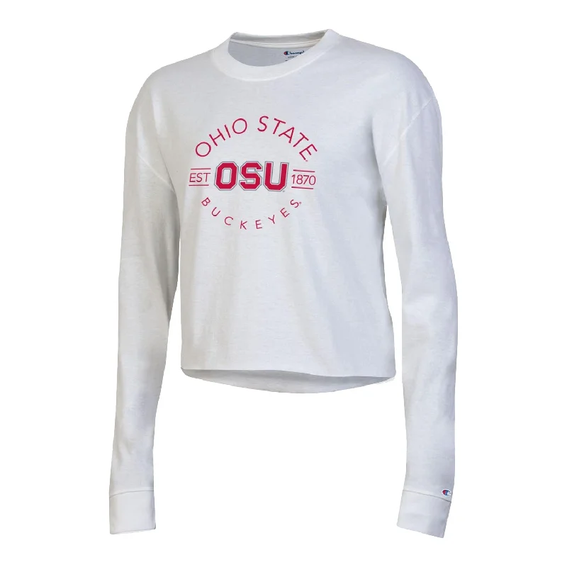 trendy women’s sweaters for winter fashion -Ladies Ohio State Buckeyes Boyfriend Crop White Long Sleeve T-Shirt