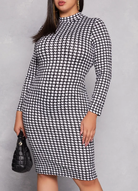 comfortable women’s sweaters for winter fashion -Plus Size Houndstooth Mock Neck Long Sleeve Dress