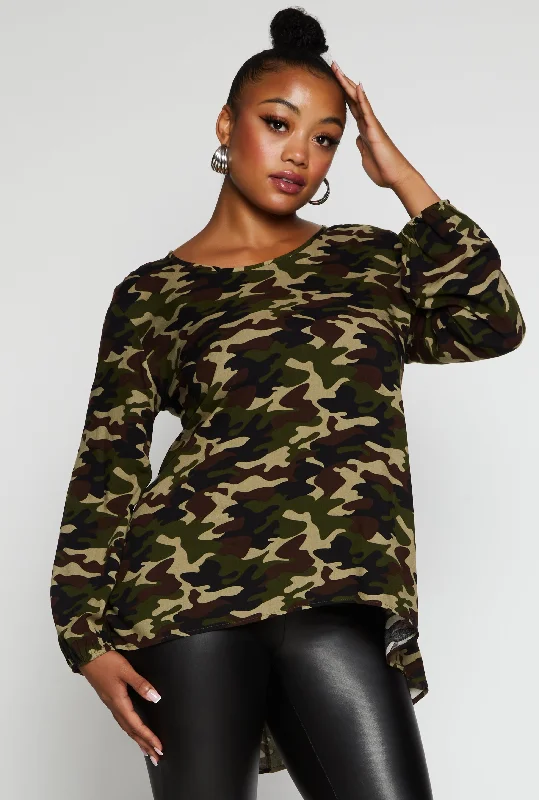 women’s trendy boots for winter style -Plus Size Camo Long Sleeve High Low Top