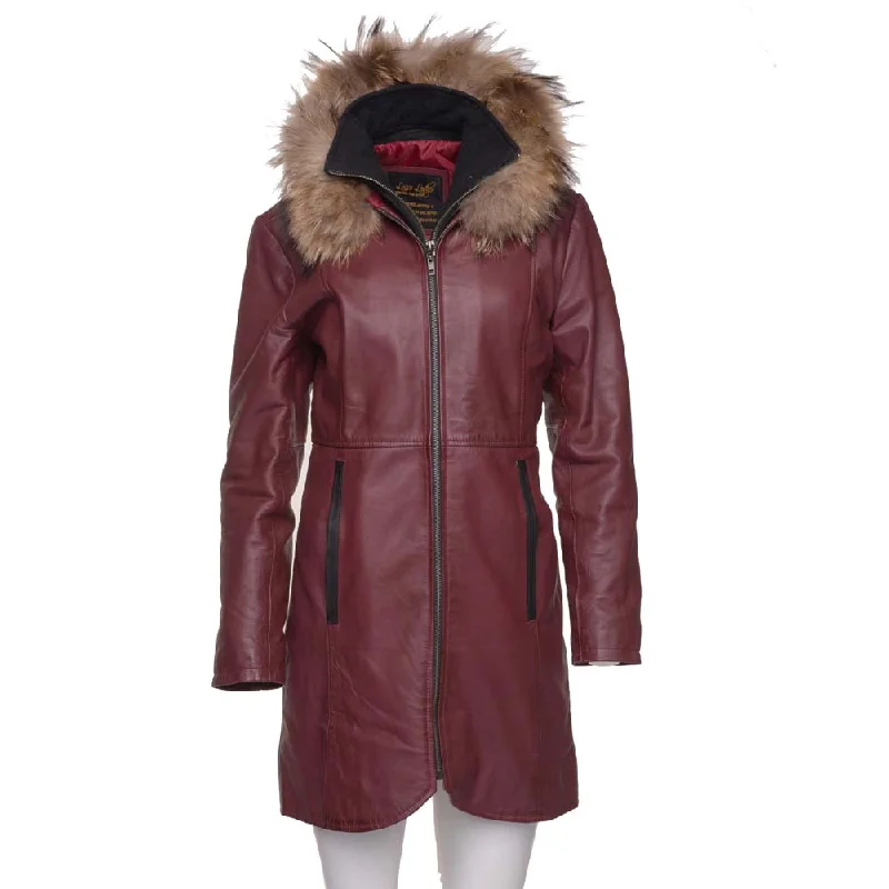 stylish women’s dresses for weekend wear -Hannah's Burgundy 3/4 length Double breasted leather jacket with real fox fur hoodie