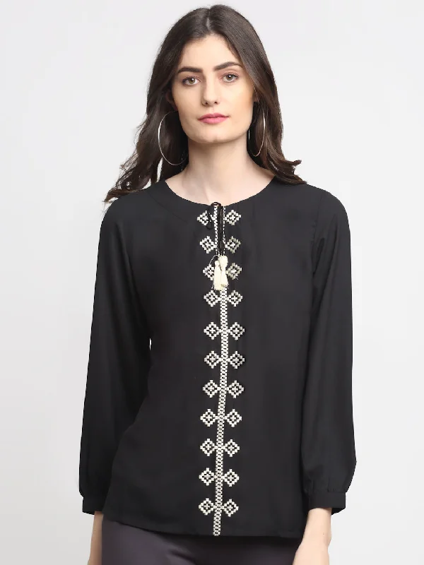 comfortable women’s tunic tops for fall -Women's Casual  Black Solid Round neck with Tie up Tunic