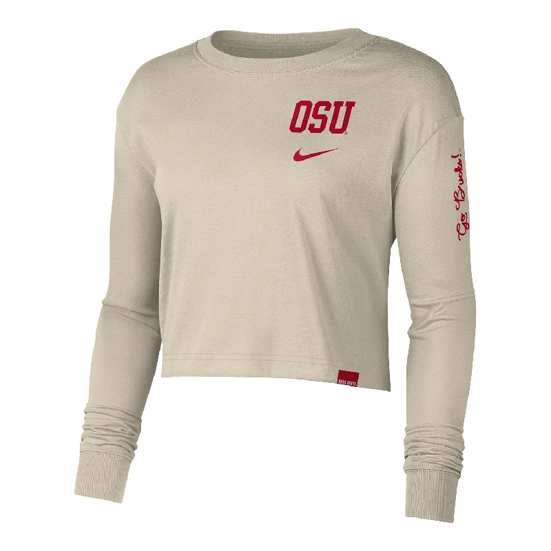 elegant women’s tunic tops for evening wear -Ladies Ohio State Buckeyes Nike Jr. Varsity Crew Crop Rattan Long Sleeve