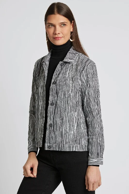 affordable women’s office dresses for work -Thelma Mini Gingham Crinkle Jean Jacket