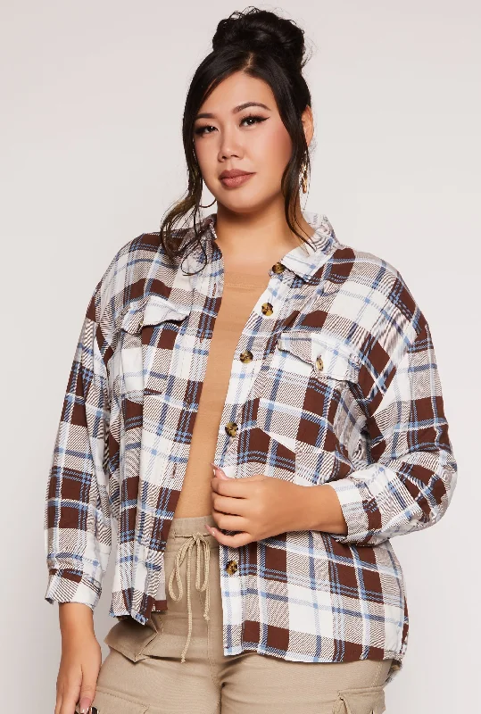 women’s chic jackets for fall style -Plus Size Plaid Button Front Long Sleeve Shirt