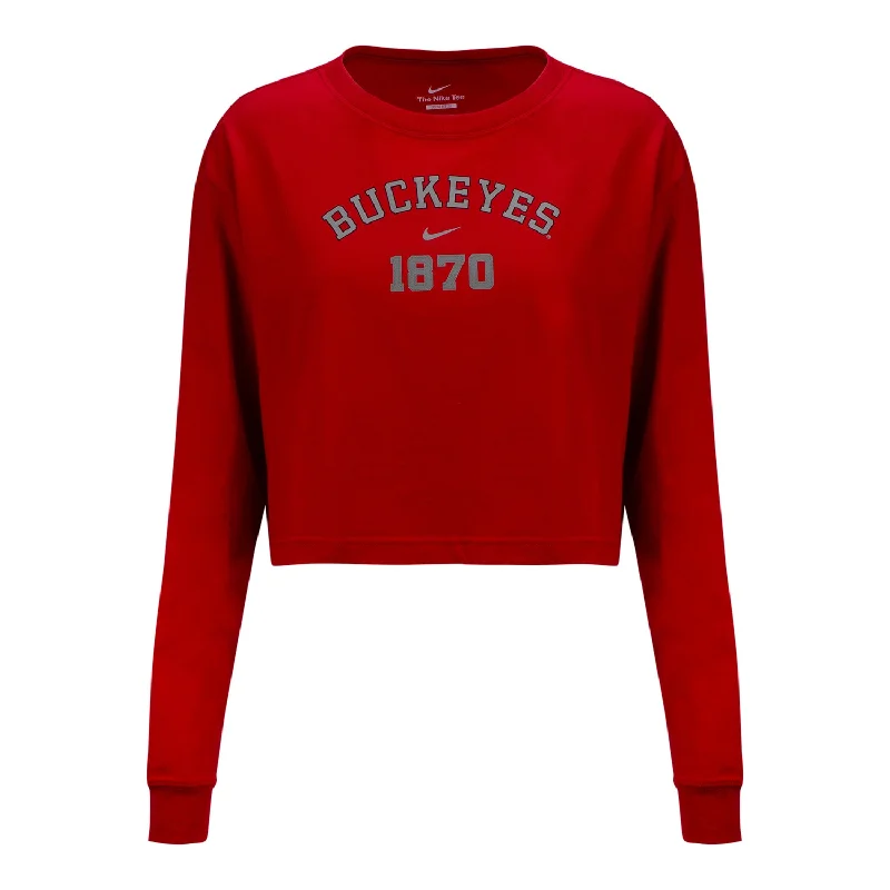 classic women’s cardigans for layering -Ladies Ohio State Buckeyes Nike Arched 1870 Crop Long Sleeve