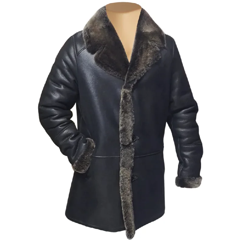 women’s winter coats with fur details -Hal Park's Black Traditional shearling sheepskin coat