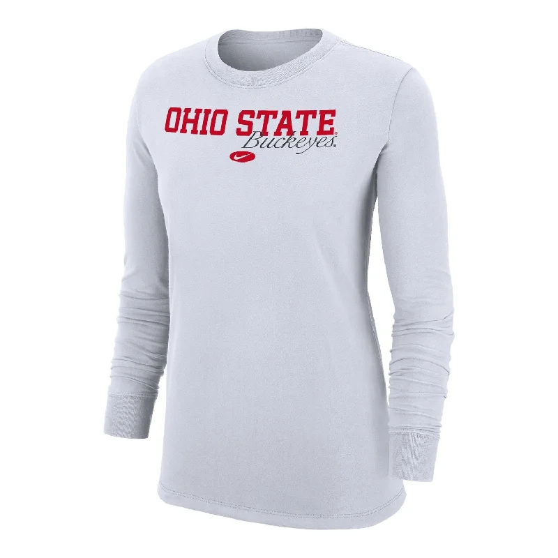 women’s trendy shorts for hot weather -Ladies Ohio State Buckeyes Nike Script Buckeyes White Long Sleeve