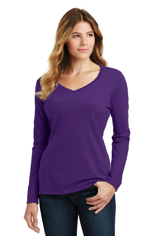 comfortable women’s loungewear sets -Port & Company Womens Fan Favorite Long Sleeve V-Neck T-Shirt - Team Purple