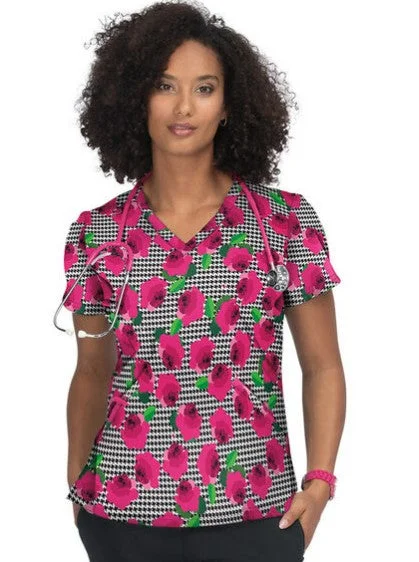 affordable women’s dress pants for work -koi Women's Doll Houndstooth Rose Scrub Top