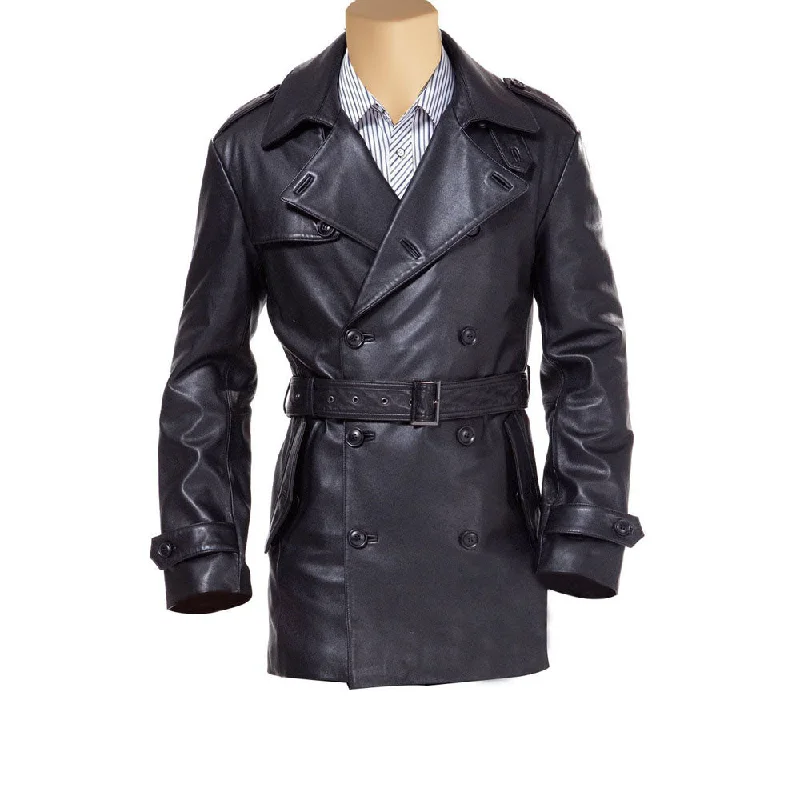 best women’s jackets for autumn fashion -Black leather belted and double breasted trench coat