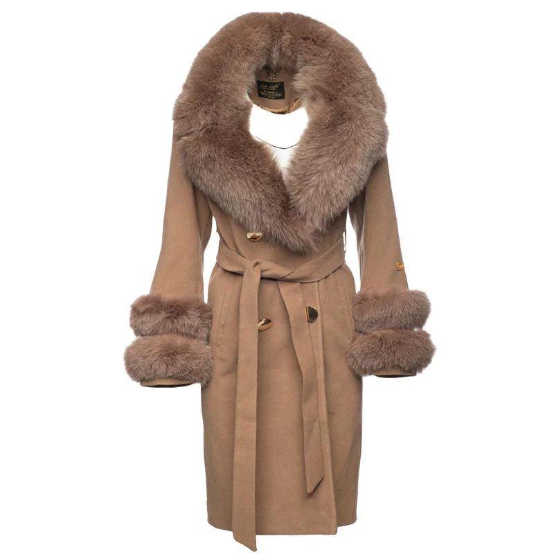 classic women’s jeans for casual outfits -Aria Beige Chic long cashmere blend coat with fox fur