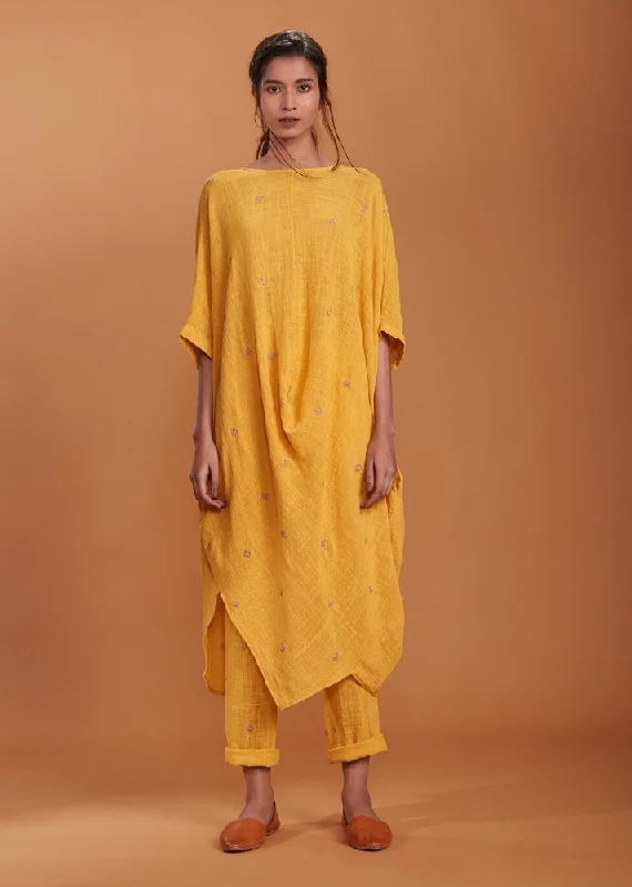 stylish women’s tunic dresses for evening wear -Handloom Cowl Tunic Set - Yellow