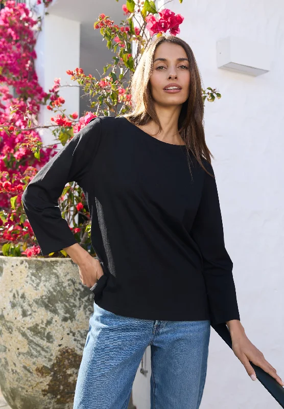 women’s silk blouses for elegant outfits -Marina Black - Long Sleeve Breton T-Shirt