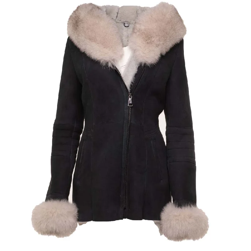 women’s work pants for formal events -Izzy's Shearling coat with fox fur trim