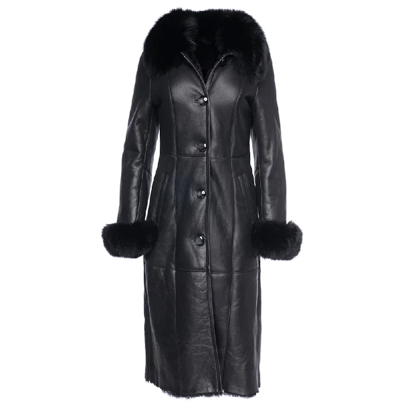 women’s dresses with lace details for elegance -Caitlan’s Black Shearling Sheepskin Full Length Long Coat With Fox Fur Trim