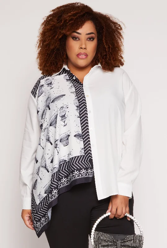 classic women’s jeans for casual outfits -Plus Size Half Print Button Front Long Sleeve Shirt