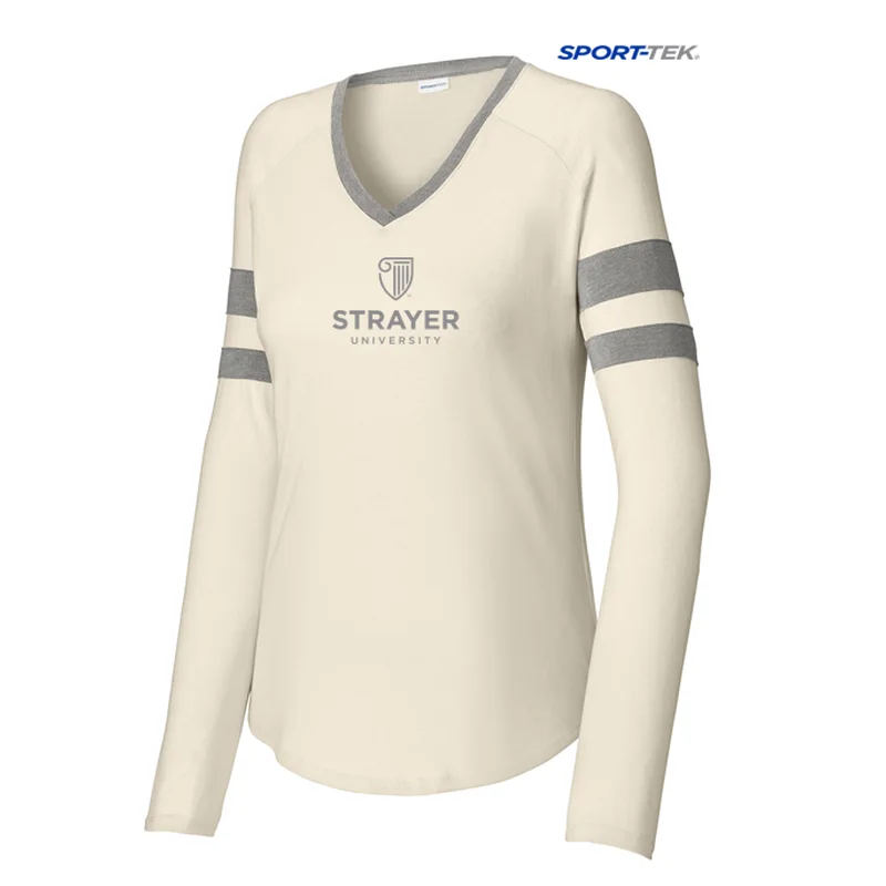 comfortable women’s loungewear sets -NEW STRAYER Sport-Tek® Ladies Halftime Stripe Long Sleeve V-Neck Tee - Vintage Heather/ Ecru