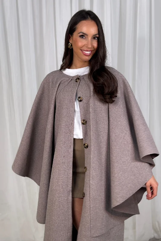 trendy women’s pants for fall fashion -Indie Cape Overlay Coat In Taupe