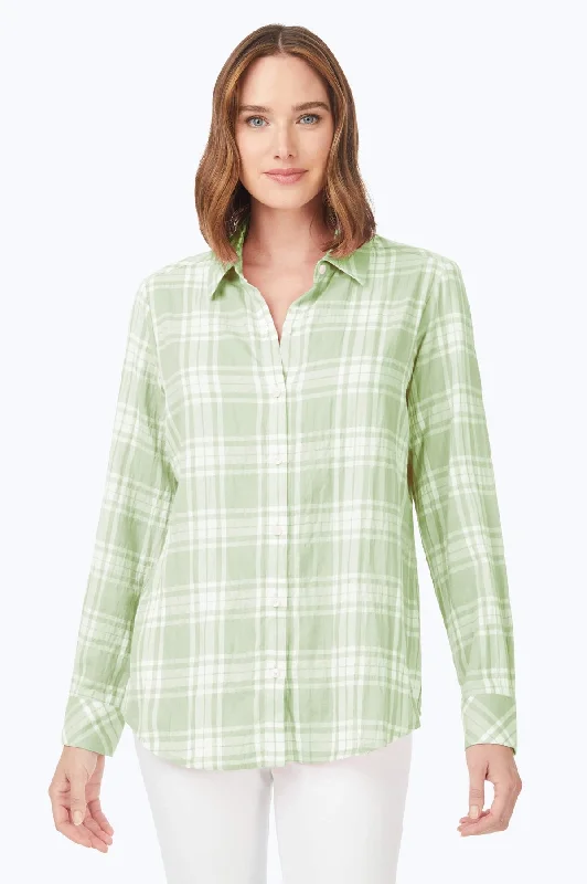 trendy women’s dresses with stripes -Rhea Puckered Spring Plaid Shirt