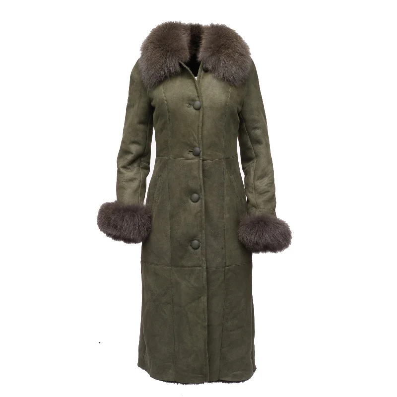 women’s casual outfits for travel -Caitlan’s Shearling Sheepskin Full Length Long Coat With Fox Fur