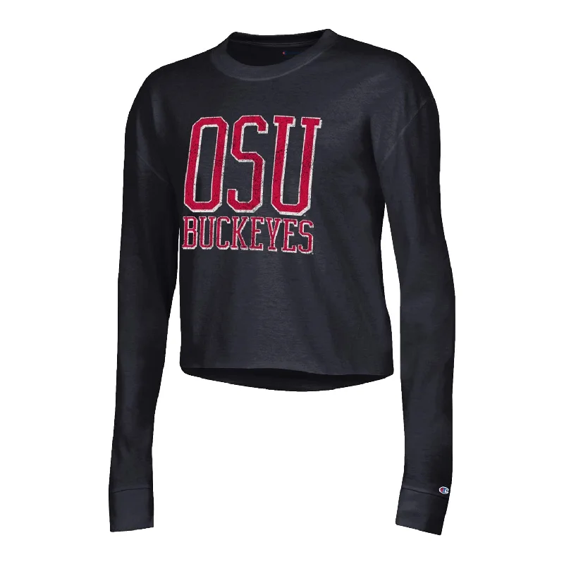 women’s long sleeve tops for cooler weather -Ladies Ohio State Buckeyes Boyfriend Crop Black Long Sleeve T-Shirt