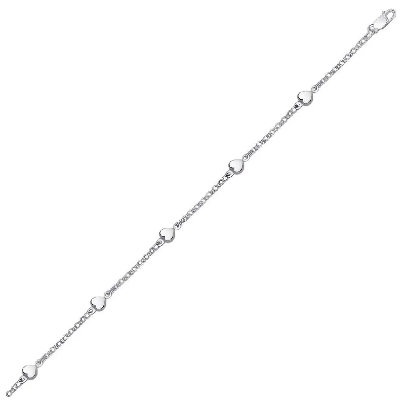 women’s crystal jewelry for evening wear -14k White Gold Rolo Chain Bracelet with Puffed Heart Stations