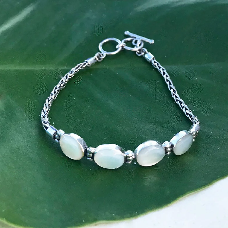 women’s minimalistic jewelry for everyday style -Desa Bracelet, Mother of Pearl - Sterling Silver, Indonesia