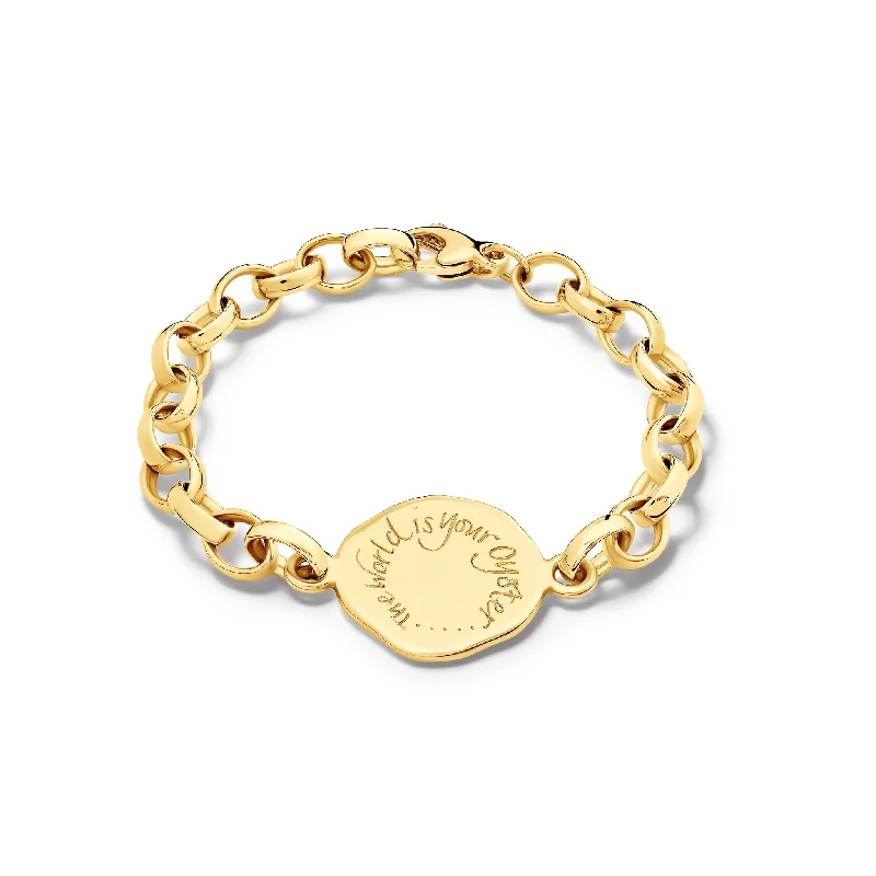 women’s designer jewelry for unique fashion -The World Is Your Oyster Quote Bracelet Yellow Gold